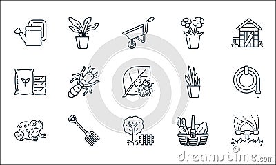 gardening line icons. linear set. quality vector line set such as sprinkler, garden, toad, spades, fertilizer, snake plant, flower Vector Illustration