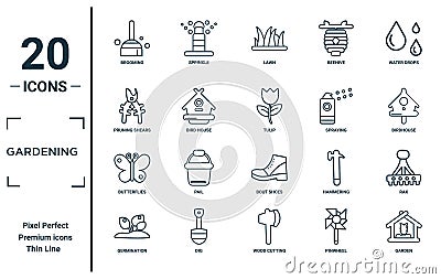 gardening linear icon set. includes thin line brooming, pruning shears, butterflies, germination, garden, tulip, rak icons for Vector Illustration