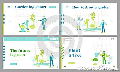 Gardening People Grow and Care of Plants in Garden Greenhouse Landing Page Template Set. Gardeners and Scientists Vector Illustration