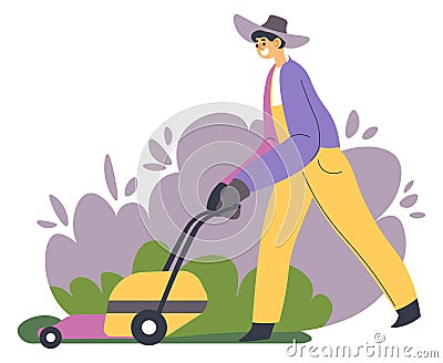 Gardening person with lawn mower tending yard Vector Illustration
