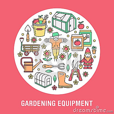 Gardening, planting, horticulture banner with vector line icon. Garden equipment, green house, scarecrow, pruners Vector Illustration