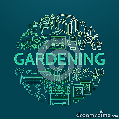Gardening, planting horticulture banner with vector line icon. Garden equipment, organic seeds, green house, pruners Vector Illustration
