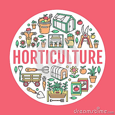 Gardening, planting horticulture banner with vector line icon. Garden equipment, organic seeds, green house, pruners Vector Illustration