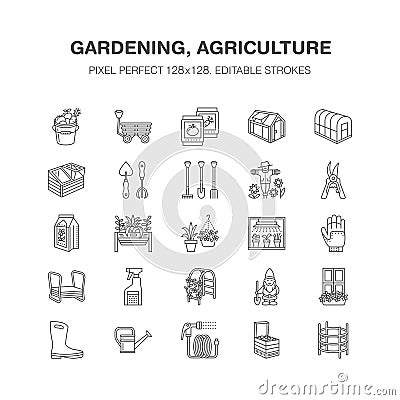 Gardening, planting horticulture line icons. Garden equipment, organic seeds, fertilizer, greenhouse, pruners, watering Vector Illustration