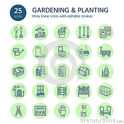 Gardening, planting and horticulture line icons. Garden equipment, organic seeds, fertilizer, greenhouse, pruners Vector Illustration