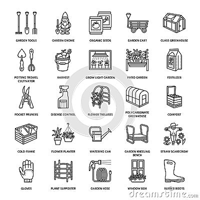Gardening, planting and horticulture line icons. Garden equipment, organic seeds, fertilizer, greenhouse, pruners Vector Illustration