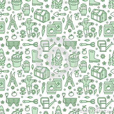 Gardening, planting and horticulture seamless pattern with vector line icons. Garden equipment, organic seeds Vector Illustration