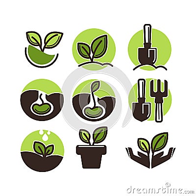 Gardening and planting vector icons of green plant flower and gardener tools Vector Illustration