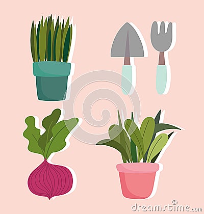 Gardening, potted plants beetroot shovel rake icons Vector Illustration