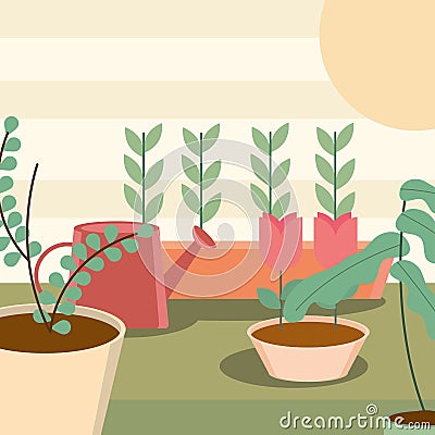 gardening potted plants flowers watering can Vector Illustration