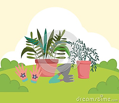 Gardening potted plants gloves rake shovel on meadow Vector Illustration