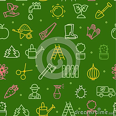 Gardening Seamless Pattern Background on a Green. Vector Vector Illustration