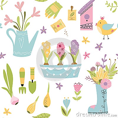 Gardening seamless pattern with cute hand drawn elements garden tools Spring background in vector Vector Illustration