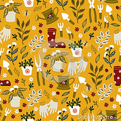 Gardening Seamless Pattern with Flowerpot, Garden Gloves and Secateurs and etc. Vector Illustration