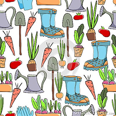 Gardening seamless pattern with garden elements: rake, shovel, seedlings, watering can, rubber boots, onions, carrots, beets Vector Illustration