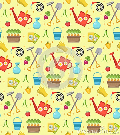 Gardening seamless pattern with garden tools. Spring endless backdrop. Vector Illustration