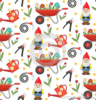 Gardening seamless pattern with gnome, flowers and tools. Spring endless background. Vector Illustration