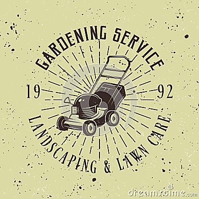 Gardening service vector emblem with lawn mower Vector Illustration