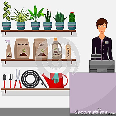 Gardening shop. Flower shop interior. Woman seller behind the counter. Houseplants on shelves, tools for gardening, potting soil, Cartoon Illustration