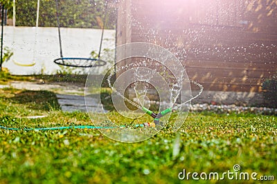 Gardening sprinkle irrigate garden lawn spraying water close-up Stock Photo