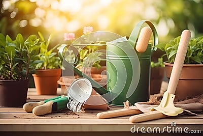 Gardening supplies and flowers in pots, Generative AI Stock Photo