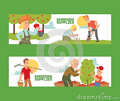 Gardening supplies set of banners vector illustration. Equipment for land such as rake, shovel, bucket. Farmer picking Vector Illustration