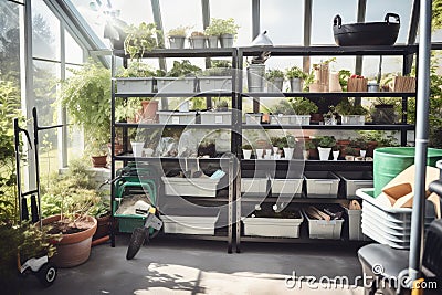 gardening supplies and tools neatly organized in contemporary greenhouse Stock Photo