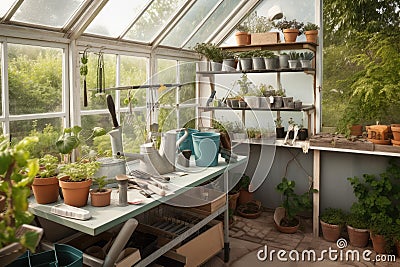 gardening supplies and tools neatly organized in contemporary greenhouse Stock Photo