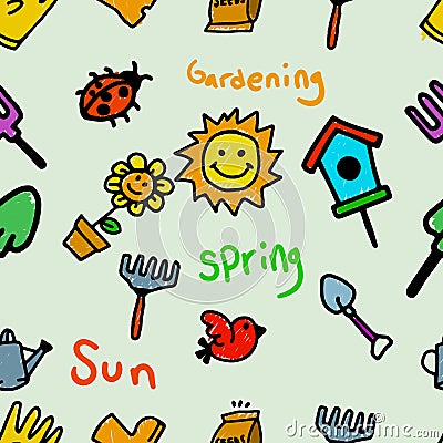 Gardening Theme Seamless Kids Doodle Pattern Vector Illustration