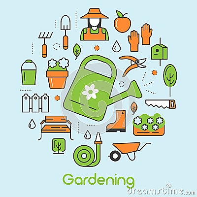 Gardening Thin Line Icons Set with Flowers and Gardener Vector Illustration