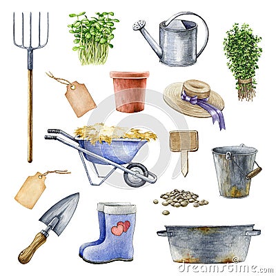 Gardening tool and equipment watercolor illustration set. Hand drawn farm tools. Planting tools, metal bucket, shovel Cartoon Illustration