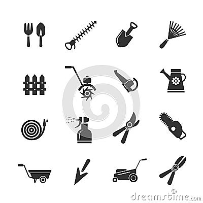 Gardening tools and farming equipment icons. Pruning hilling, irrigation fertilization Vector Illustration