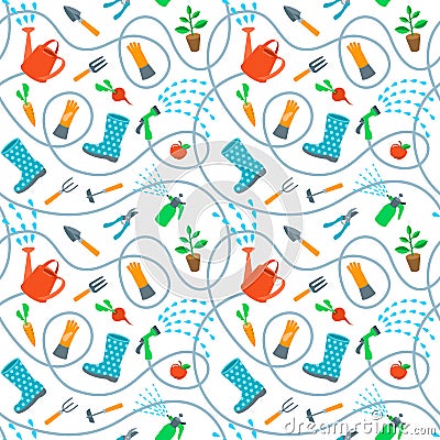 Gardening tools and fruits flat seamless background pattern Vector Illustration