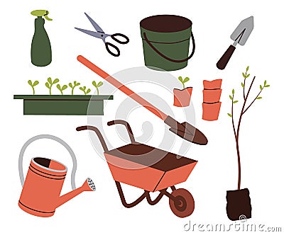 Gardening tools, garden manteinance. Vector collection of gardening tools. Vector Illustration