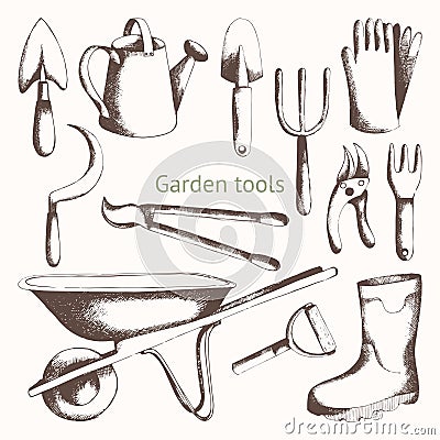 Gardening Tools. Hand drawing. Vector set Vector Illustration