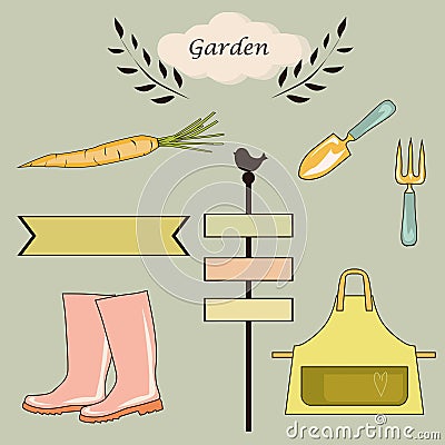 Gardening tools and items of clothing labels and garden vector background Vector Illustration