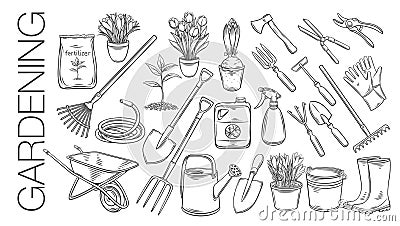 Gardening tools and plants Vector Illustration