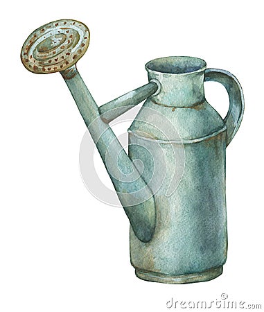 Gardening tools rusty tin watering can for watering flowers. Stock Photo