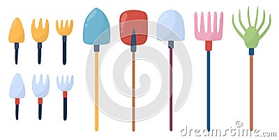 Gardening tools set in cartoon style with rake, shovel and other isolated elements Vector Illustration