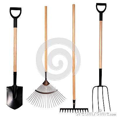 Gardening tools, spade, fork and rake Stock Photo