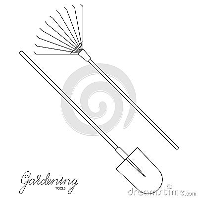 Gardening tools spade and lawn rake outline simple minimalistic flat design vector illustration Vector Illustration