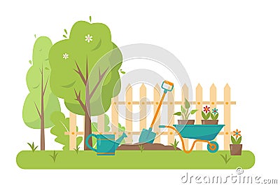Gardening tools and trees in garden. Vector Illustration