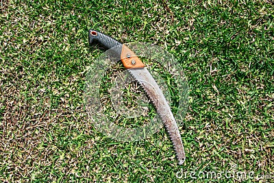 Gardening tools on grass green background Stock Photo