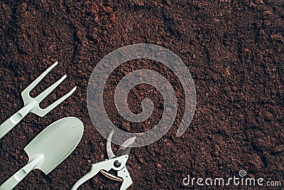 Gardening tools and utensils on soil background. Top view with copy space. Pruner, rake, shovel for garden manteinance. Summer Stock Photo