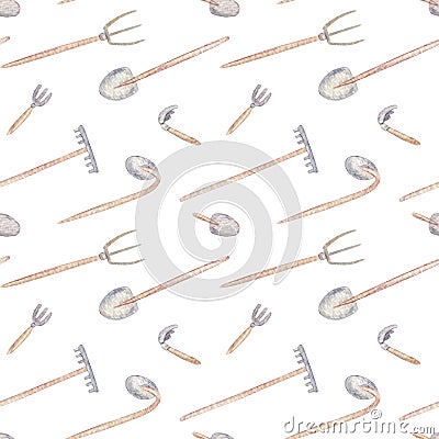 Gardening tools watercolor seamless pattern. Showel, hoe, rake illustations on white background. Stock Photo