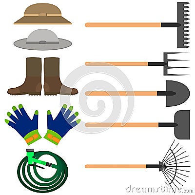 Set of various gardening and farm tools including gloves, watering hose, rake and shovels. Vector illustrations. Vector Illustration