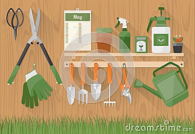 Gardening tools on a wooden shelf Vector Illustration