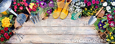 Gardening Top View Composition - Tools And Flowerpots Stock Photo