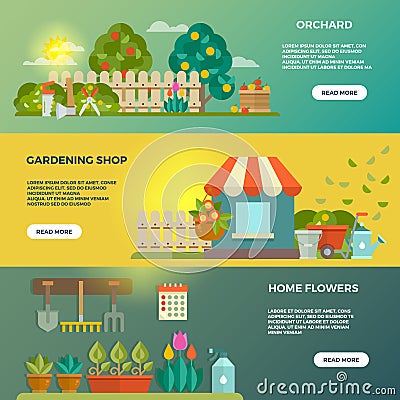 Gardening vector banners with garden tools, seeds and plants icons Vector Illustration