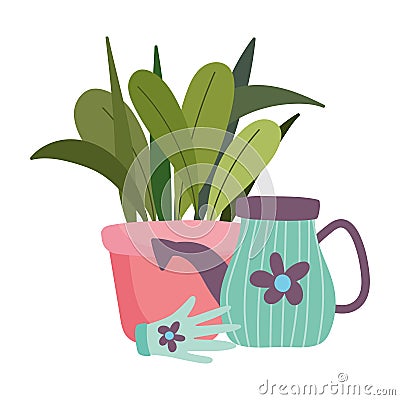 Gardening, watering can potted plant and glove with flower Vector Illustration